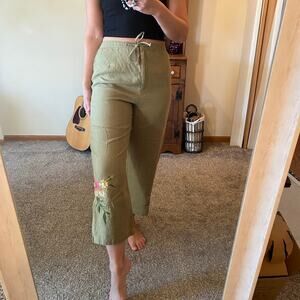 Susan Bristol green floral embroidered linen wide leg pants